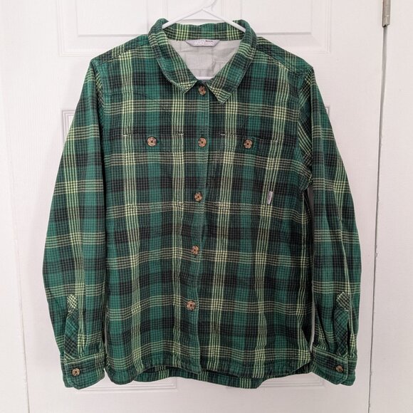 Stio Hutkeeper Flannel Shirt Button Down Womens Large Green Plaid Organic Cotton - Picture 1 of 7